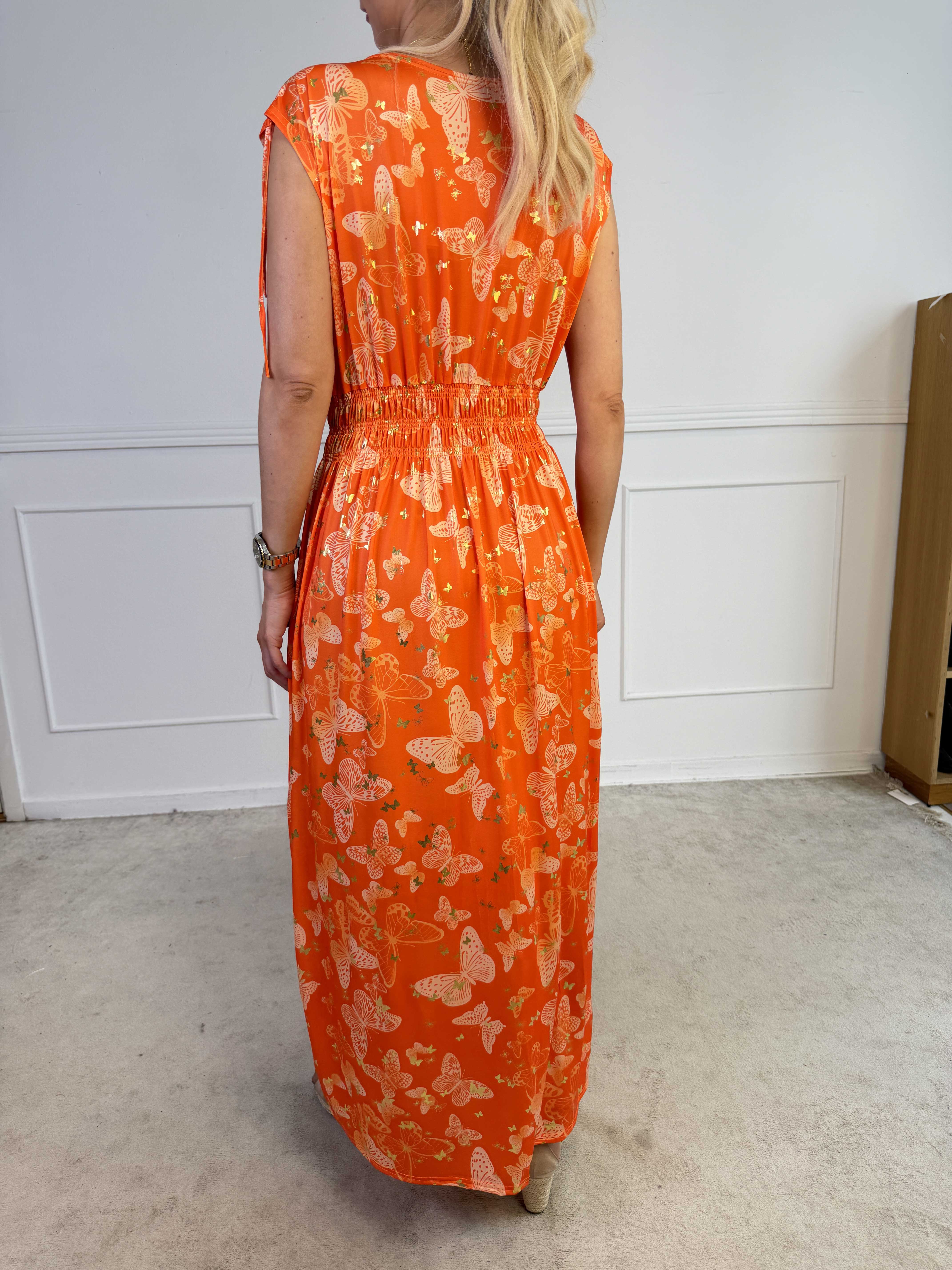 Pams Butterfly Sleeveless - Lang elastisk kjole med sommerfugleprint og gulddetaljer